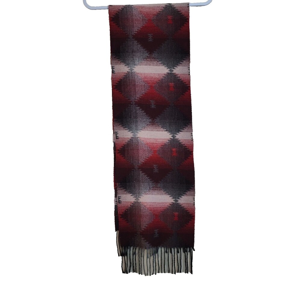 Cejon Scarf Made in Italy Tribal Geometric Pattern Grey Red Fringe 10.5"x64"